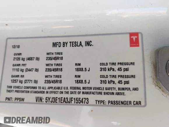 ✅ 2018 Tesla Model 3 Long Range Battery • VIN: 5YJ3E1EA3JF155473 • Lot: 43031030. Wystawiony na IAAI z przebiegiem 94 709 mil. Bezpłatny archiwum sprzedaży aukcyjnych z USA i szczegółowy raport historii pojazdu na DreamBid. Zdjęcie 9.