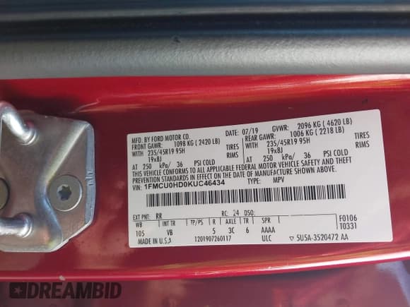 ✅ 2019 Ford Escape SEL • VIN: 1FMCU0HD0KUC46434 • Lot: 43111069. Listed on IAAI with 116,969 mi. Free auction sales archive from the USA and detailed vehicle history report at DreamBid. Image 9.