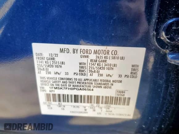 2023 Ford Explorer Limited z VIN 1FMSK7FH0PGA06564, wystawiony jako Copart lot #70188915 z przebiegiem 47 029 mil mil oraz Szkoda całkowita • Salvage title. Historia ofert i sprzedaży dostępna na DreamBid. Obrazek 13.