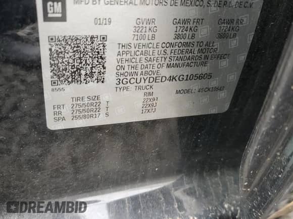 2019 Chevrolet Silverado 1500 LT с VIN 3GCUYDED4KG105605, выставлен на аукционе Copart как лот 85872695 с пробегом 85 312 миль миль и Списание • Salvage title. История ставок и продаж доступна на DreamBid. Изображение 12.