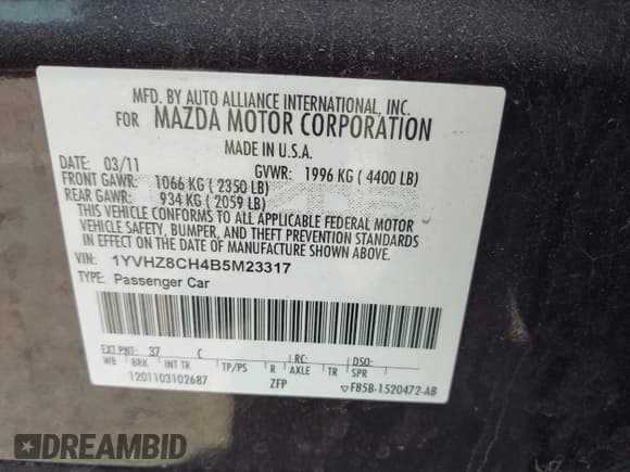 ✅ 2011 Mazda 6 i Touring • VIN: 1YVHZ8CH4B5M23317 • Lot: 41987116. Listed on IAAI with 132,470 mi. Free auction sales archive from the USA and detailed vehicle history report at DreamBid. Image 9.