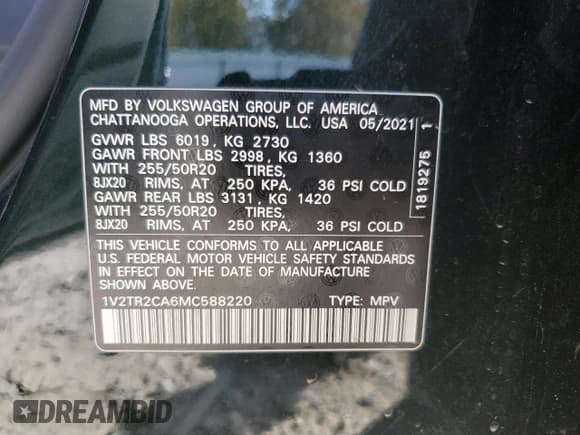 ✅ 2021 Volkswagen Atlas SEL Premium • VIN: 1V2TR2CA6MC588220 • Lot: 91697795. Listed on Copart with 42,711 mi. Free auction sales archive from the USA and detailed vehicle history report at DreamBid. Image 13.