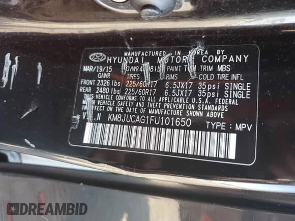 2015 Hyundai Tucson SE with VIN KM8JUCAG1FU101650, listed as a Copart auction lot 61664723 with 76,957 mi miles and . Bid and sale history available at DreamBid. Image 12.