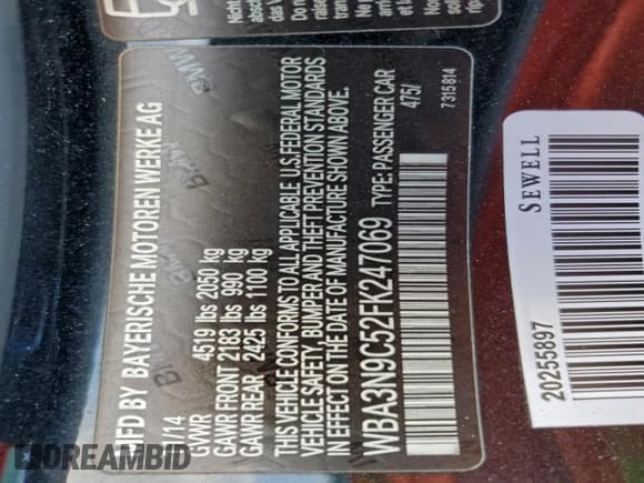 ✅ 2015 BMW 4 Series 428i xDrive • VIN: WBA3N9C52FK247069 • Lot: 91119765. Listed on Copart with 99,926 mi. Free auction sales archive from the USA and detailed vehicle history report at DreamBid. Image 12.