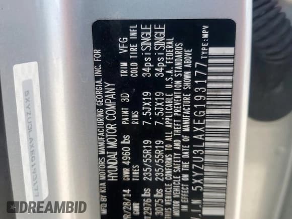 ✅ 2014 Hyundai Santa Fe • VIN: 5XYZU3LAXEG193177 • Лот: 85949035. Опубликован ранее на Copart с пробегом 48 809 миль. Бесплатный доступ к архиву аукционных продаж из США и подробный отчёт об истории автомобиля на DreamBid. Изображение 13.