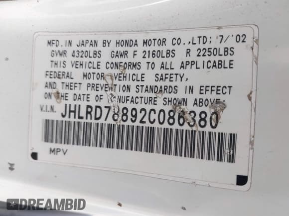 ✅ 2002 Honda CR-V EX • VIN: JHLRD78892C086380 • Lot: 43924875. Listed on IAAI with 243,976 mi. Free auction sales archive from the USA and detailed vehicle history report at DreamBid. Image 9.