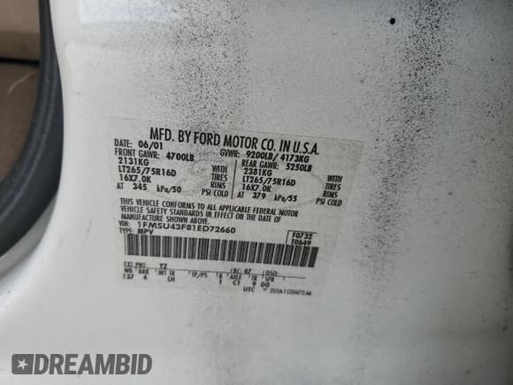 ✅ 2001 Ford Excursion Limited • VIN: 1FMSU43F81ED72660 • Lot: 89268045. Wystawiony na Copart z przebiegiem 231 100 mil. Bezpłatny archiwum sprzedaży aukcyjnych z USA i szczegółowy raport historii pojazdu na DreamBid. Zdjęcie 12.