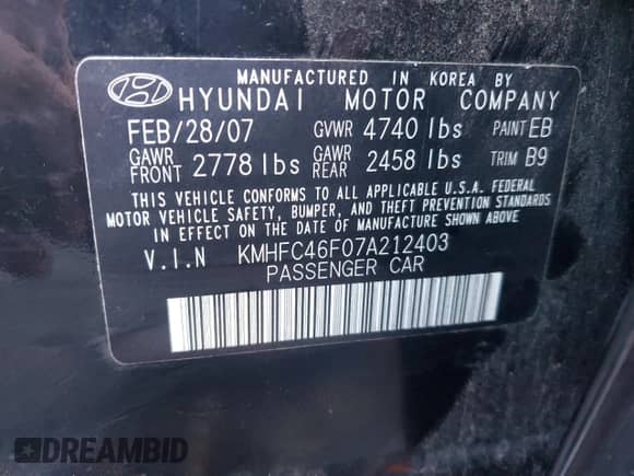 2007 Hyundai Azera SE with VIN KMHFC46F07A212403, listed as a Copart auction lot 43539535 with 74,847 mi miles and Salvage title. Bid and sale history available at DreamBid. Image 14.