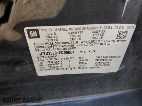 ✅ 2015 GMC Sierra 1500 SLT • VIN: 3GTU2VEC1FG499651 • Lot: 80849865. Listed on Copart with 114,818 mi. Free auction sales archive from the USA and detailed vehicle history report at DreamBid. Image 12.