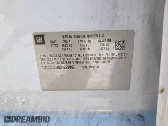 2012 Chevrolet Sonic LT с VIN 1G1JC6SH0C4229043, выставлен на аукционе IAAI как лот 43612612 с пробегом 96 265 миль миль и . История ставок и продаж доступна на DreamBid. Изображение 7.