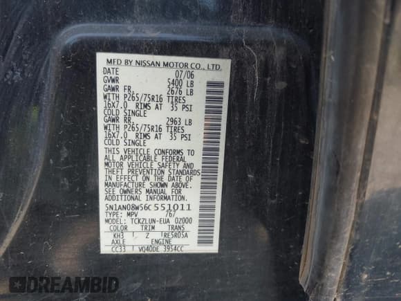 ✅ 2006 Nissan Xterra SE • VIN: 5N1AN08W56C551011 • Lot: 42876225. Listed on IAAI with Not provided. Free auction sales archive from the USA and detailed vehicle history report at DreamBid. Image 9.