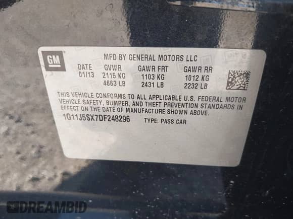 2013 Chevrolet Malibu LTZ with VIN 1G11J5SX7DF248296, listed as a IAAI auction lot 42298476 with 125,337 mi miles and . Bid and sale history available at DreamBid. Image 9.