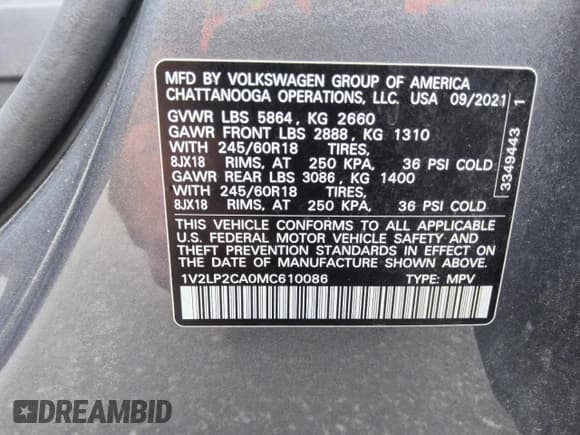 ✅ 2021 Volkswagen Atlas SE • VIN: 1V2LP2CA0MC610086 • Lot: 69885335. Listed on Copart with 109,094 mi. Free auction sales archive from the USA and detailed vehicle history report at DreamBid. Image 13.
