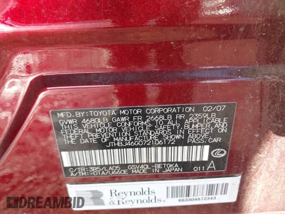 2007 Lexus ES 330 with VIN JTHBJ46G072106172, listed as a IAAI auction lot 43588621 with 196,395 mi miles and . Bid and sale history available at DreamBid. Image 9.