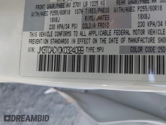 ✅ 2019 Mazda CX-9 Touring • VIN: JM3TCACY0K0324099 • Лот: 43331077. Опубликован ранее на IAAI с пробегом 91 470 миль. Бесплатный доступ к архиву аукционных продаж из США и подробный отчёт об истории автомобиля на DreamBid. Изображение 9.