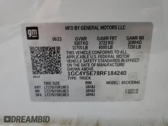 2024 Chevrolet Silverado 3500HD Work Truck с VIN 1GC4YSE78RF184240, выставлен на аукционе Copart как лот 71125204 с пробегом 20 056 миль миль и На запчасти • Non repairable. История ставок и продаж доступна на DreamBid. Изображение 12.