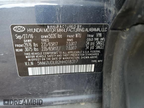 ✅ 2017 Hyundai Santa Fe 2.4L • VIN: 5NMZUDLB2HH018317 • Lot: 61470505. Listed on Copart with 135,854 mi. Free auction sales archive from the USA and detailed vehicle history report at DreamBid. Image 13.