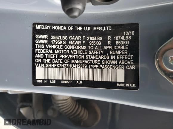 ✅ 2017 Honda Civic LX • VIN: SHHFK7H27HU412379 • Lot: 86190325. Listed on Copart with 107,618 mi. Free auction sales archive from the USA and detailed vehicle history report at DreamBid. Image 12.