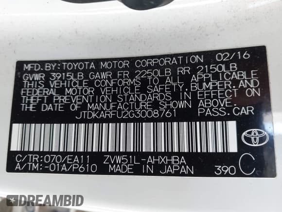 ✅ 2016 Toyota Prius Four • VIN: JTDKARFU2G3008761 • Lot: 43595706. Listed on IAAI with 111,412 mi. Free auction sales archive from the USA and detailed vehicle history report at DreamBid. Image 9.