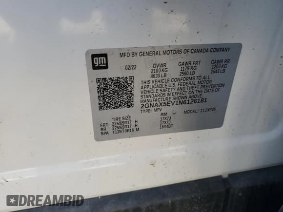 ✅ 2022 Chevrolet Equinox LS • VIN: 2GNAX5EV1N6126181 • Lot: 53625575. Listed on Copart with 54,585 mi. Free auction sales archive from the USA and detailed vehicle history report at DreamBid. Image 13.