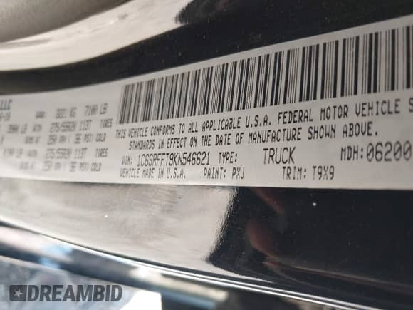 2019 Ram 1500 Big Horn z VIN 1C6SRFFT9KN546621, wystawiony jako IAAI lot #42806358 z przebiegiem 100 930 mil mil oraz . Historia ofert i sprzedaży dostępna na DreamBid. Obrazek 9.