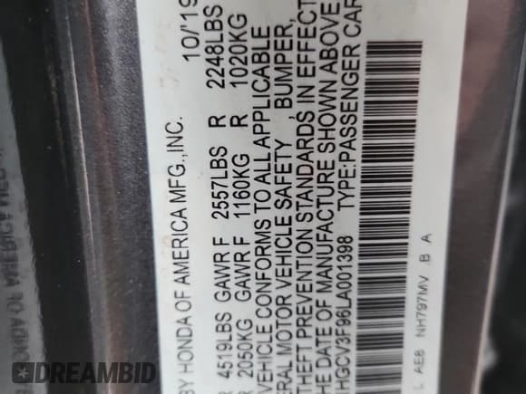 ✅ 2020 Honda Accord Touring • VIN: 1HGCV3F96LA001398 • Lot: 71433975. Listed on Copart with 47,413 mi. Free auction sales archive from the USA and detailed vehicle history report at DreamBid. Image 12.