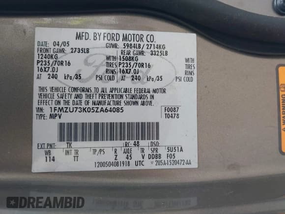✅ 2005 Ford Explorer XLT • VIN: 1FMZU73K05ZA64085 • Лот: 42717487. Опубликован ранее на IAAI с пробегом 184 495 миль. Бесплатный доступ к архиву аукционных продаж из США и подробный отчёт об истории автомобиля на DreamBid. Изображение 9.