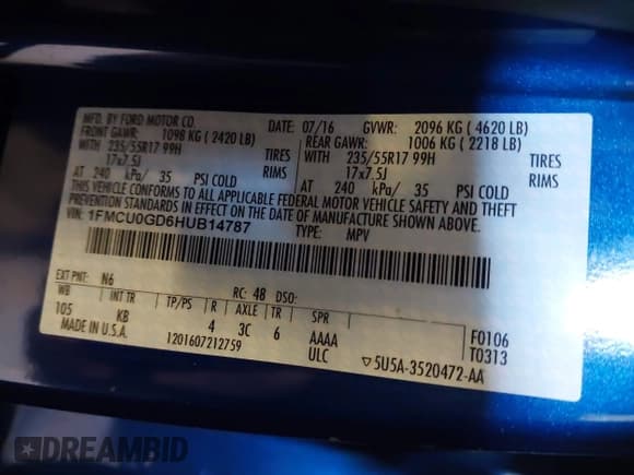 ✅ 2017 Ford Escape SE • VIN: 1FMCU0GD6HUB14787 • Lot: 43629650. Listed on IAAI with 143,286 mi. Free auction sales archive from the USA and detailed vehicle history report at DreamBid. Image 9.