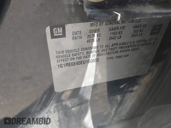 ✅ 2014 Chevrolet Volt • VIN: 1G1RE6E40EU160668 • Лот: 43055148. Опубликован ранее на IAAI с пробегом 171 880 миль. Бесплатный доступ к архиву аукционных продаж из США и подробный отчёт об истории автомобиля на DreamBid. Изображение 9.