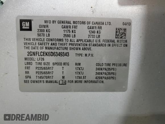 ✅ 2013 Chevrolet Equinox LS • VIN: 2GNFLCEK6D6349343 • Лот: 68490574. Опубликован ранее на Copart с пробегом 108 720 миль. Бесплатный доступ к архиву аукционных продаж из США и подробный отчёт об истории автомобиля на DreamBid. Изображение 13.