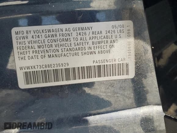 ✅ 2008 Volkswagen Passat Komfort • VIN: WVWXK73C88E235929 • Лот: 53379365. Опубликован ранее на Copart с пробегом 133 978 миль. Бесплатный доступ к архиву аукционных продаж из США и подробный отчёт об истории автомобиля на DreamBid. Изображение 12.