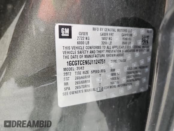 ✅ 2018 Chevrolet Colorado 4WD LT • VIN: 1GCGTCEN6J1124751 • Lot: 67762055. Listed on Copart with Not provided. Free auction sales archive from the USA and detailed vehicle history report at DreamBid. Image 12.