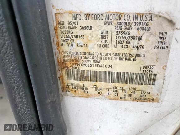 ✅ 2001 Ford F-250 XL • VIN: 1FTNX20L51ED41034 • Lot: 51443105. Wystawiony na Copart z przebiegiem 120 871 mil. Bezpłatny archiwum sprzedaży aukcyjnych z USA i szczegółowy raport historii pojazdu na DreamBid. Zdjęcie 10.