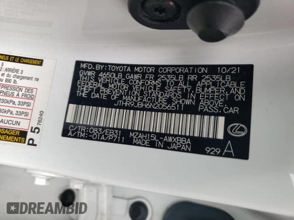 ✅ 2022 Lexus UX 250h F Sport • VIN: JTHR9JBH6N2056511 • Lot: 67760725. Listed on Copart with 66,333 mi. Free auction sales archive from the USA and detailed vehicle history report at DreamBid. Image 12.