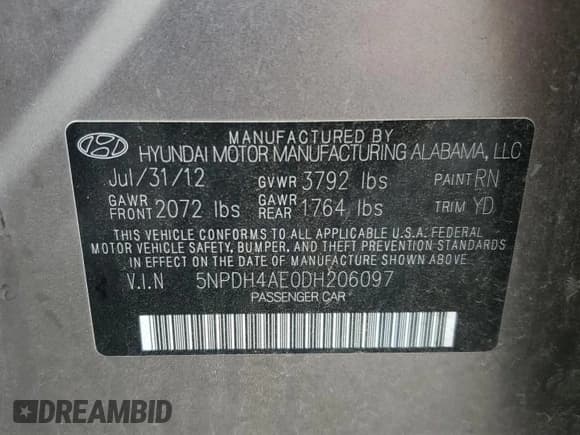 ✅ 2013 Hyundai Elantra GLS • VIN: 5NPDH4AE0DH206097 • Lot: 82107835. Listed on Copart with 87,845 mi. Free auction sales archive from the USA and detailed vehicle history report at DreamBid. Image 12.