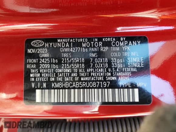 2024 Hyundai Kona SEL with VIN KM8HBCAB5RU087197, listed as a Copart auction lot 68521834 with 6,357 mi miles and Salvage title. Bid and sale history available at DreamBid. Image 15.
