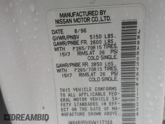 ✅ 1997 Nissan Pathfinder XE • VIN: JN8AR05Y6VW117244 • Lot: 70826584. Listed on Copart with 305,662 mi. Free auction sales archive from the USA and detailed vehicle history report at DreamBid. Image 15.