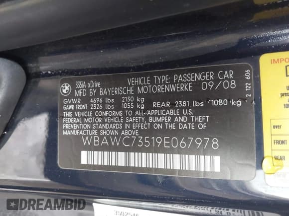 ✅ 2009 BMW 3 Series 335i xDrive • VIN: WBAWC73519E067978 • Lot: 41508279. Listed on IAAI with 85,174 mi. Free auction sales archive from the USA and detailed vehicle history report at DreamBid. Image 9.