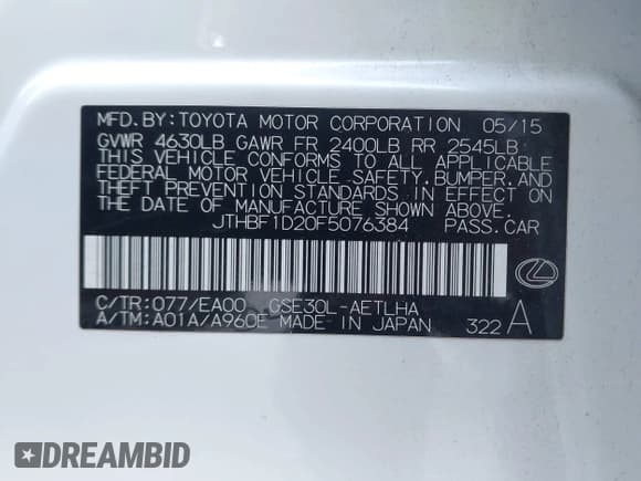 ✅ 2015 Lexus IS 250 • VIN: JTHBF1D20F5076384 • Lot: 43532871. Listed on IAAI with 96,455 mi. Free auction sales archive from the USA and detailed vehicle history report at DreamBid. Image 9.