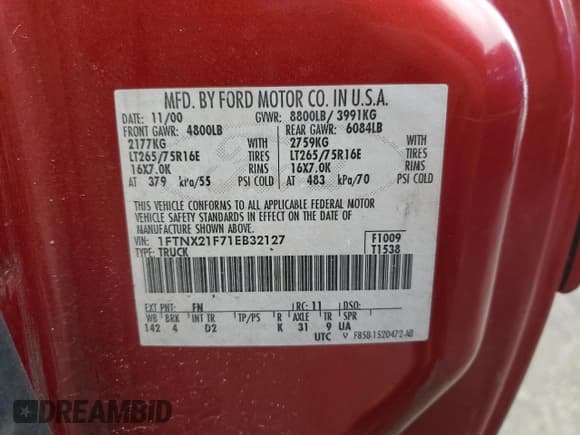 ✅ 2001 Ford F-250 XL • VIN: 1FTNX21F71EB32127 • Lot: 50837955. Listed on Copart with 213,327 mi. Free auction sales archive from the USA and detailed vehicle history report at DreamBid. Image 12.