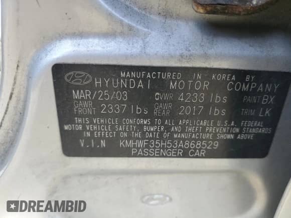 2003 Hyundai Sonata GLS с VIN KMHWF35H53A868529, выставлен на аукционе Copart как лот 56654515 с пробегом 169 851 миль миль и Списание • Salvage title. История ставок и продаж доступна на DreamBid. Изображение 12.