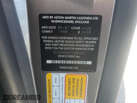 ✅ 2007 Aston Martin Vantage • VIN: SCFBF04B27GD06691 • Лот: 60060835. Опубликован ранее на Copart с пробегом 17 988 миль. Бесплатный доступ к архиву аукционных продаж из США и подробный отчёт об истории автомобиля на DreamBid. Изображение 13.