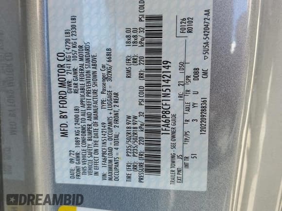 ✅ 2022 Ford Mustang GT • VIN: 1FA6P8CF1N5142149 • Lot: 54488195. Listed on Copart with 30,052 mi. Free auction sales archive from the USA and detailed vehicle history report at DreamBid. Image 13.