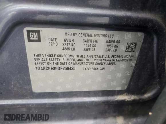 ✅ 2013 Buick LaCrosse Leather • VIN: 1G4GC5E39DF258425 • Lot: 60646225. Listed on Copart with 152,288 mi. Free auction sales archive from the USA and detailed vehicle history report at DreamBid. Image 12.