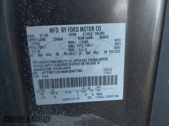 ✅ 2009 Ford F-150 XL • VIN: 1FTRF12W89KB47780 • Lot: 41720708. Listed on IAAI with 138,136 mi. Free auction sales archive from the USA and detailed vehicle history report at DreamBid. Image 9.