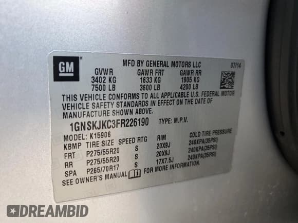 ✅ 2015 Chevrolet Suburban LT • VIN: 1GNSKJKC3FR226190 • Lot: 83808735. Wystawiony na Copart z przebiegiem 243 267 mil. Bezpłatny archiwum sprzedaży aukcyjnych z USA i szczegółowy raport historii pojazdu na DreamBid. Zdjęcie 14.