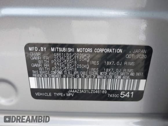 ✅ 2020 Mitsubishi Outlander ES • VIN: JA4AZ3A31LZ046189 • Lot: 41883894. Listed on IAAI with 97,857 mi. Free auction sales archive from the USA and detailed vehicle history report at DreamBid. Image 9.