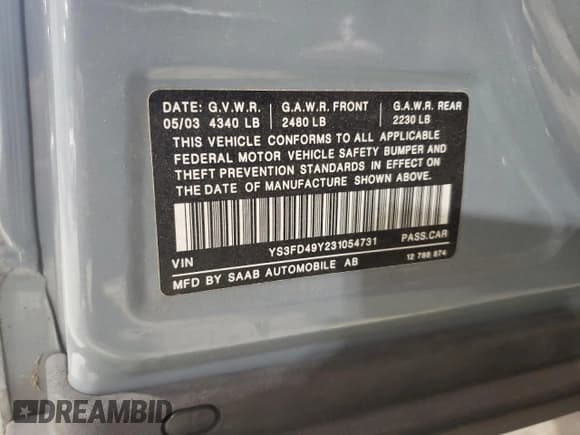 ✅ 2003 Saab 9-3 Arc • VIN: YS3FD49Y231054731 • Lot: 82884214. Wystawiony na Copart z przebiegiem 236 634 mil. Bezpłatny archiwum sprzedaży aukcyjnych z USA i szczegółowy raport historii pojazdu na DreamBid. Zdjęcie 12.