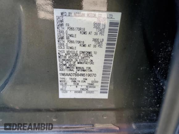 ✅ 2004 Nissan Titan LE • VIN: 1N6AA07B84N519070 • Лот: 72092825. Опубликован ранее на Copart с пробегом 123 641 миль. Бесплатный доступ к архиву аукционных продаж из США и подробный отчёт об истории автомобиля на DreamBid. Изображение 12.
