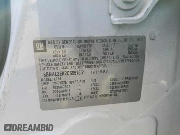 ✅ 2012 Chevrolet Captiva Sport LS • VIN: 3GNAL2EK2CS557661 • Lot: 83640924. Wystawiony na Copart z przebiegiem 56 063 mil. Bezpłatny archiwum sprzedaży aukcyjnych z USA i szczegółowy raport historii pojazdu na DreamBid. Zdjęcie 16.